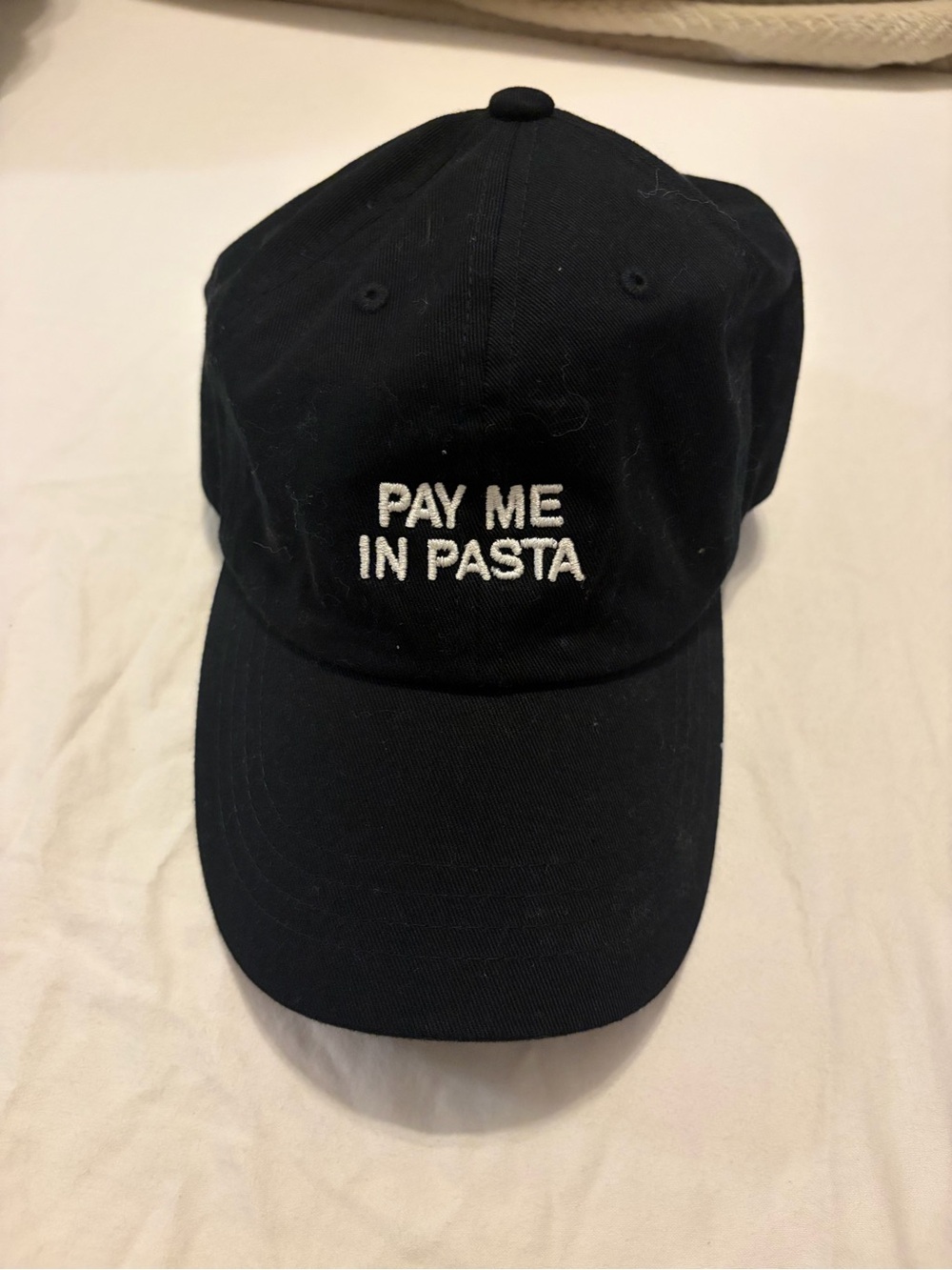 Black Embroidered 'Pay Me In Pasta' Baseball Cap